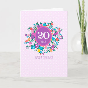 20e verjaardag met bloemen en pooldots kaart