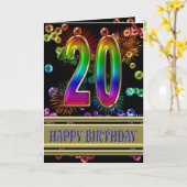 20e verjaardag met regenboogbubbels en vuurwerk kaart (Gele Bloem)