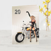 20e verjaardag, motorfiets en meisje kaart (Gele Bloem)