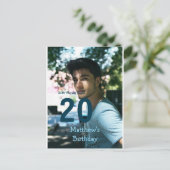 20e verjaardag naam foto datum man blauw wit s briefkaart (Staand voorkant)