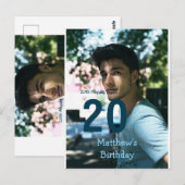 20e verjaardag naam foto datum man blauw wit s briefkaart (Voorkant / Achterkant)