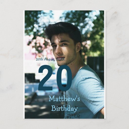 20e verjaardag naam foto datum man blauw wit s briefkaart (Voorkant)
