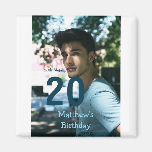 20e verjaardag naam foto datum man blauw wit s magneet (Voorkant)