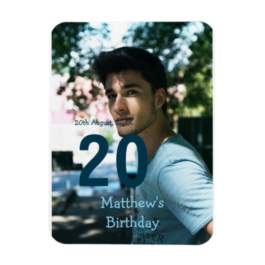 20e verjaardag naam foto datum man blauw wit s magneet (Verticaal)