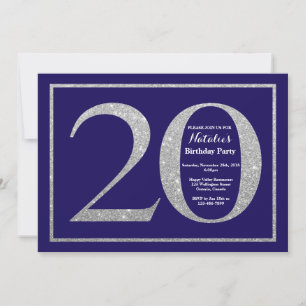20e verjaardag Navy blauw en zilver glitter Kaart