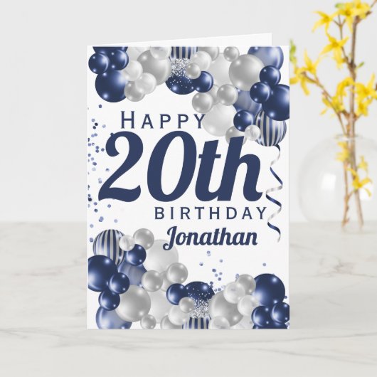 20e verjaardag Navy Blue Balloons Kaart (Gele Bloem)
