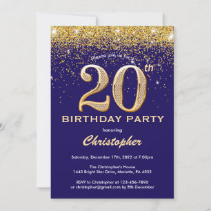 20e verjaardag Navy Blue en Gold Glitter Confetti Kaart