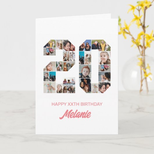 20e verjaardag nummer 20 fotocollage gepersonalise kaart (Gele Bloem)