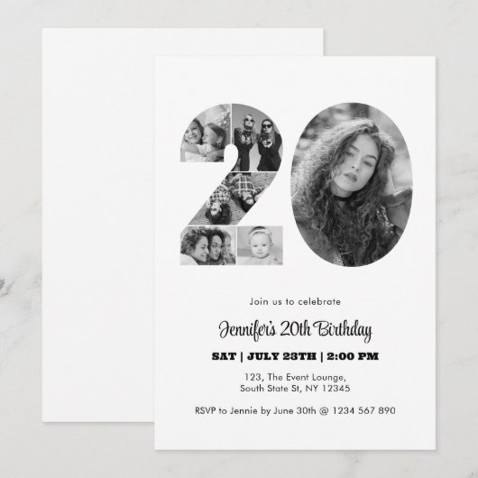 20e verjaardag nummer 20 fotocollage zwart wit kaart (Voorkant / Achterkant)