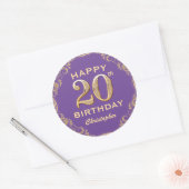 20e verjaardag Paars- en goudglitter-Lijst Ronde Sticker (Envelop)