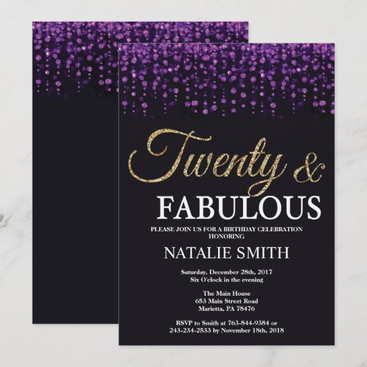 20e verjaardag Paarse en gouden glitter Kaart (Voorkant / Achterkant)