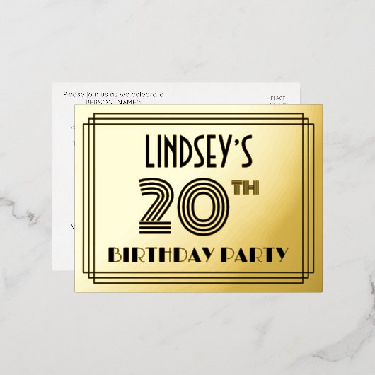 20e verjaardag partij ~ Art Deco Style "20" + naam Folie Uitnodiging Briefkaart (Voorkant / Achterkant)