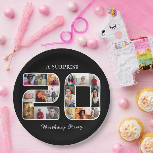 20e verjaardag partij foto collage zwart papieren bordje (Feest)