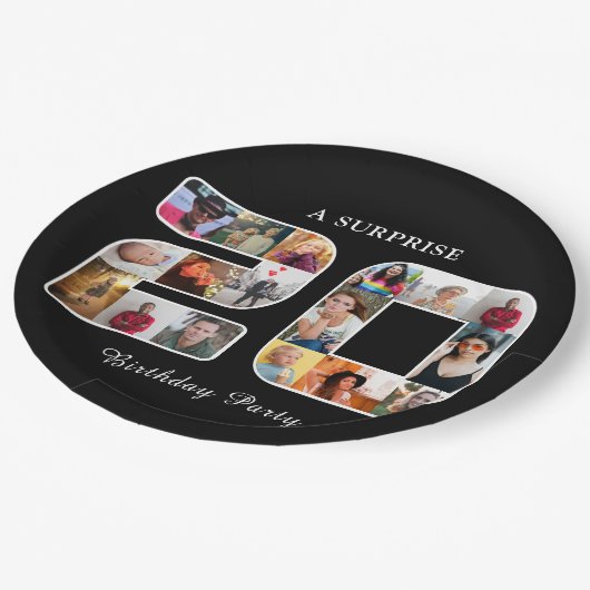 20e verjaardag partij foto collage zwart papieren bordje (Gekanteld)