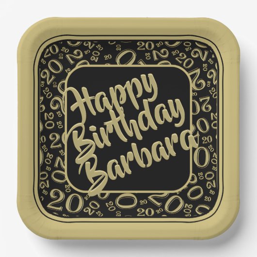 20e verjaardag Party Nummer Patroon Zwart Goud Papieren Bordje (Voorkant)
