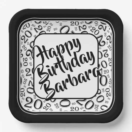 20e verjaardag Party Nummer Patroon Zwart Wit Papieren Bordje (Voorkant)