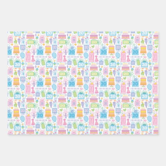 20e verjaardag Pastel Roze Cake Cadeaus Ballons Inpakpapier Vel (Voorkant)