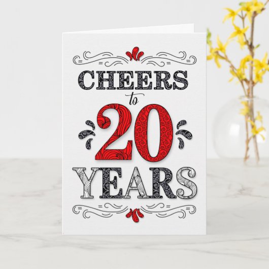 20e verjaardag Proost in rood wit zwart patroon Kaart (Gele Bloem)