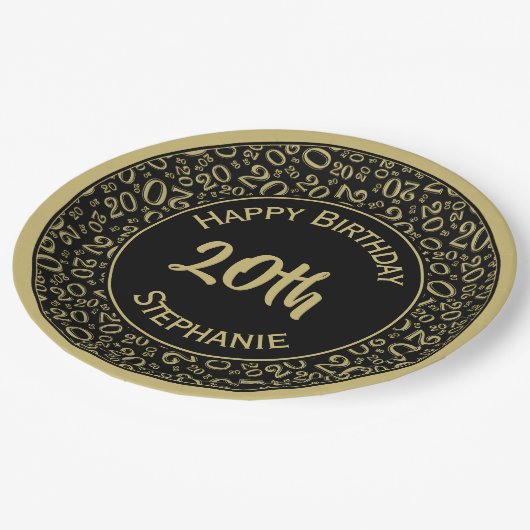 20e verjaardag Random Number Pattern 20 Black/Gold Papieren Bordje (Gekanteld)