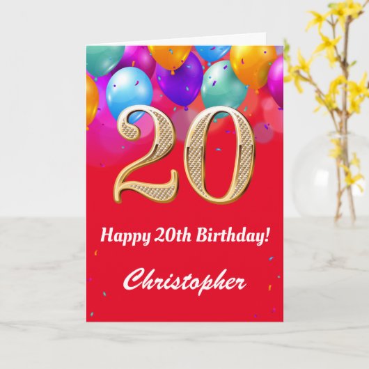 20e verjaardag Rode en goudkleurige ballonnen Kaart (Gele Bloem)