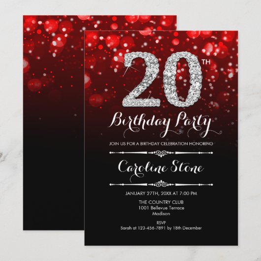 20e verjaardag - Rood Zwart Zilver Kaart (Voorkant / Achterkant)