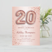 20e verjaardag - Roos gouden ballonnen Kaart (Staand voorkant)