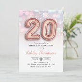 20e Verjaardag - Roos Gouden Ballonnen Roze Lichte Kaart (Staand voorkant)