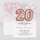 20e Verjaardag - Roos Gouden Ballonnen Roze Lichte Kaart (Voorkant / Achterkant)