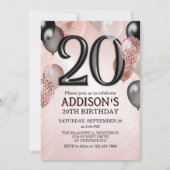 20e verjaardag Roos gouden ballonnen uitnodiging (Voorkant)