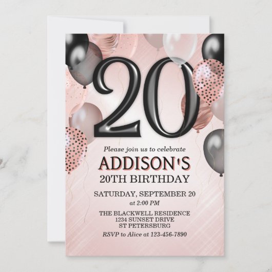 20e verjaardag Roos gouden ballonnen uitnodiging (Voorkant)