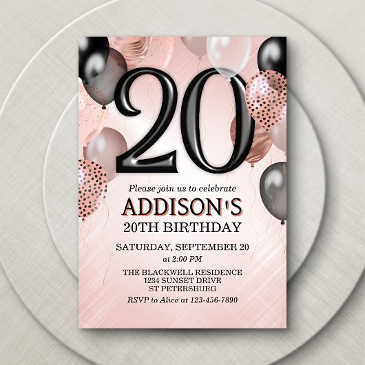 20e verjaardag Roos gouden ballonnen uitnodiging