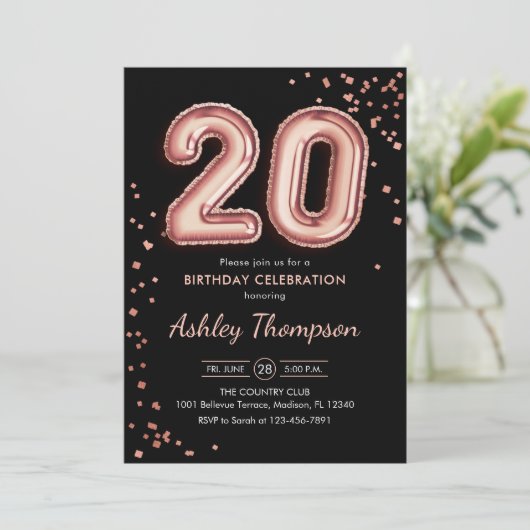 20e verjaardag - Roos gouden ballonnen zwart Kaart (Staand voorkant)