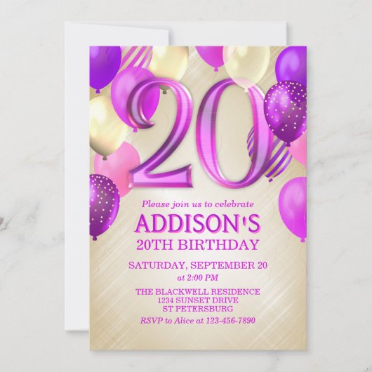 20e verjaardag roze ballonnen uitnodiging (Voorkant)