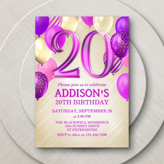 20e verjaardag roze ballonnen uitnodiging