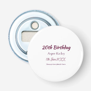 20e verjaardag roze paarse naam datum bericht eenv button flesopener