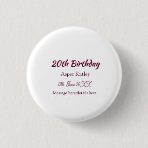 20e verjaardag roze paarse naam datum bericht eenv ronde button 3,2 cm