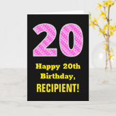 20e verjaardag: roze strepen en harten "20" + naam kaart (Gele Bloem)