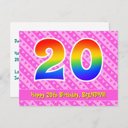 20e verjaardag: roze strepen en harten, regenboog  briefkaart (Voorkant / Achterkant)