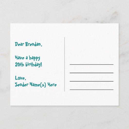 20e verjaardag: roze strepen en harten, regenboog  briefkaart (Achterkant)