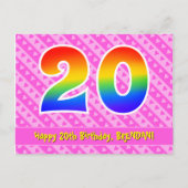20e verjaardag: roze strepen en harten, regenboog  briefkaart (Voorkant)