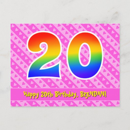 20e verjaardag: roze strepen en harten, regenboog  briefkaart (Voorkant)