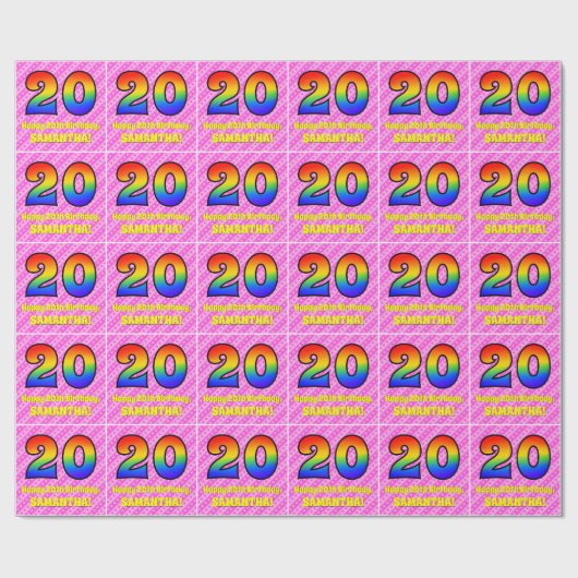 20e verjaardag: roze strips & harten, regenboognr. cadeaupapier (Vlak)