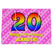 20e verjaardag: roze strips & harten, regenboognr. groot cadeauzakje (Voorkant)