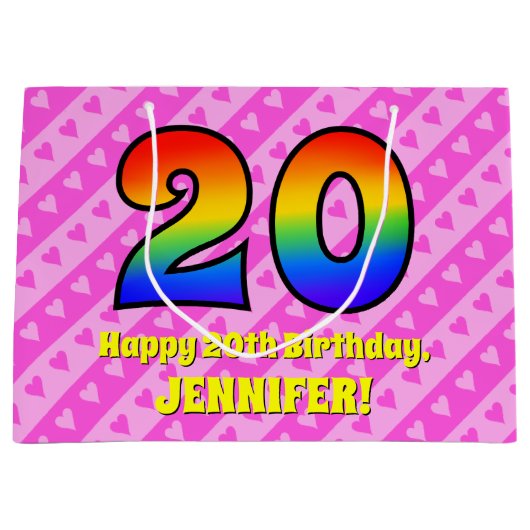 20e verjaardag: roze strips & harten, regenboognr. groot cadeauzakje (Voorkant)