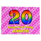 20e verjaardag: roze strips & harten, regenboognr. groot cadeauzakje (Achterkant)