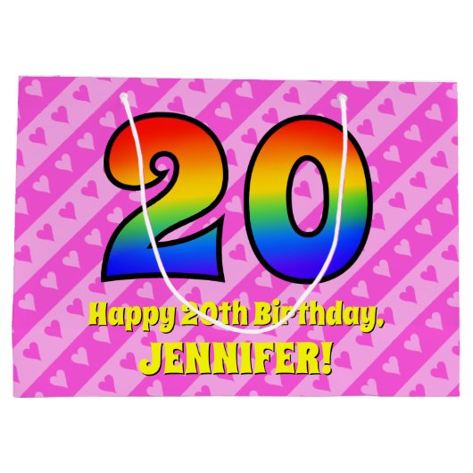 20e verjaardag: roze strips & harten, regenboognr. groot cadeauzakje (Achterkant)