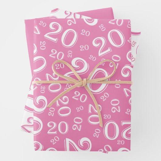 20e verjaardag roze & witte nummerpatroon 20 inpakpapier vel (In situ)