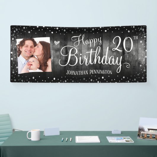 20e verjaardag Rustic Wood Foto Silver Confetti Spandoek (Beurs)