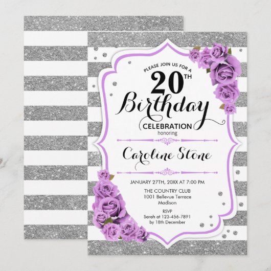 20e verjaardag - Silver White Stripes Paarse Rozen Kaart (Voorkant / Achterkant)