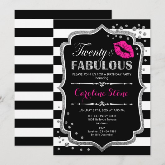 20e verjaardag - Twenty Fabulous Black Pink Silver Kaart (Voorkant / Achterkant)